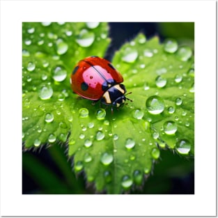 Ladybug on a leaf with morning dew Posters and Art